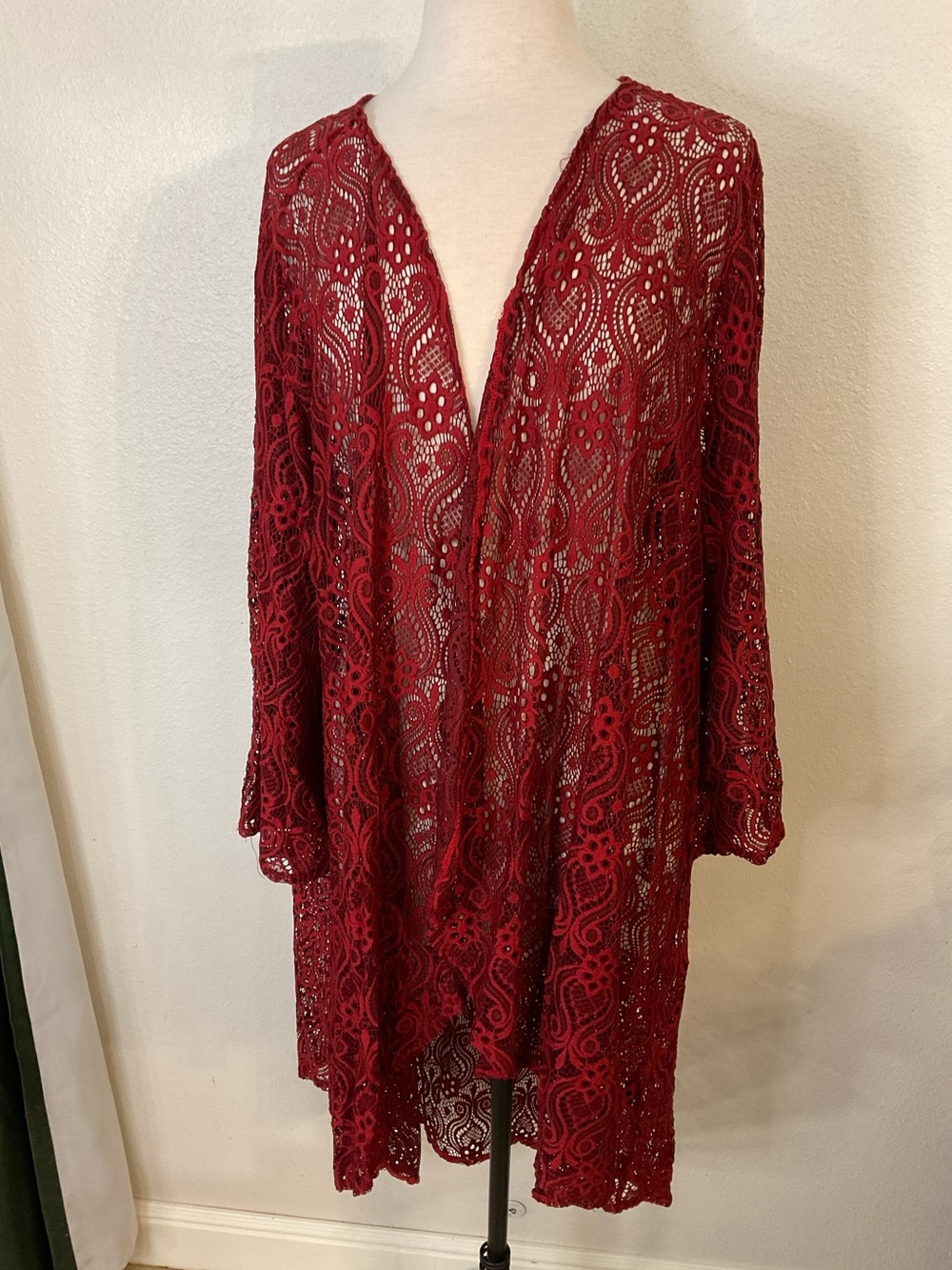 Southern Stitched 2XL - 3XL Burgundy Lace Open Front Duster Cardigan